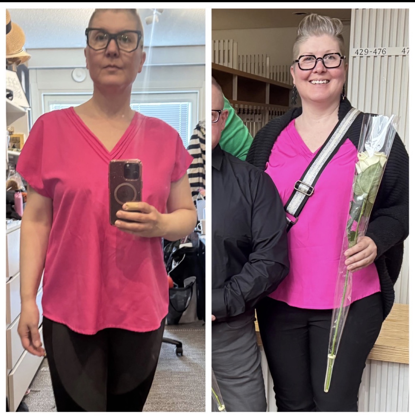 Amanda ennen ohjelmaa ja sen jalkeen, kaksi kuvaa vierekkain.